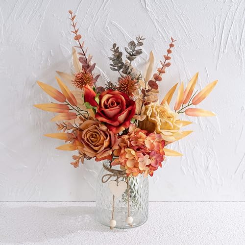 SUNNY BROOK Artificial Flowers with Vase, Orange Silk Roses, Fake Hydrangea and Bamboo Leaf in Vase, Faux Flower Arrangement for Home Autumn Décor Dining Table Decorations Coffee Table Décor