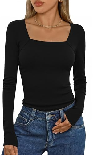 Aottori T-Shirt à Manches Longues Femme Col Carré Côtelé Chic élégant Slim Fit Haut Décontracté Tee Shirt Tunique Basic Top Tshirt Pull Noir M