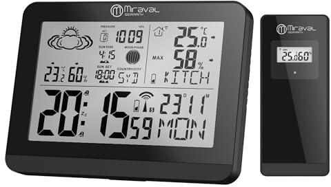 Miraval Funk-Wetterstation mit Außensensor, Wettervorhersage, Hygrometer, Mondphase, Sonnenauf-/untergang, 2 Weckalarme, LCD-Display 128x81mm, -20°C bis +50°C, 100m Reichweite (Schwarz)