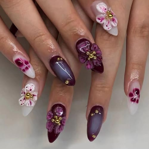 Long Pointed False Nails, 3D Floral Gradient Design, Burgundy and Lilac | Glossy finish, raised flower and bead accents, plum, white and gold details, suited to daily styling, parties and occasions
