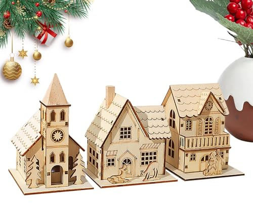Generico Casette Illuminate Legno, Villaggio Casette Natalizie con Lucis a LED, Decorazioni per Alberi Natale Casetta Neve, Vetrine Regali, Decorazioni Artigianali per Baite Natalizie