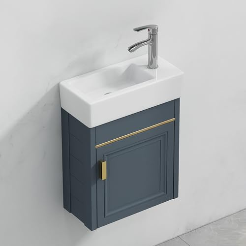 Mobile da bagno angolare da 40,6 cm, con contenitore, montaggio a parete, in ceramica, per piccoli spazi, mobiletto da bagno moderno compatto – 35,8 x 18 cm