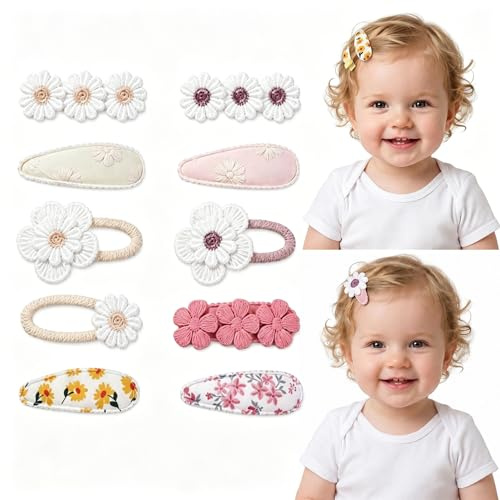 MIGIFTDY 10Pcs Baby Hair Clips for Girls, Little Daisy Flower Hair Clips for Toddlers, Hand Embroidered Baby Hair Accessories, Soft Fabric Baby Hair Clips, Gift for Baby Girls Toddlers