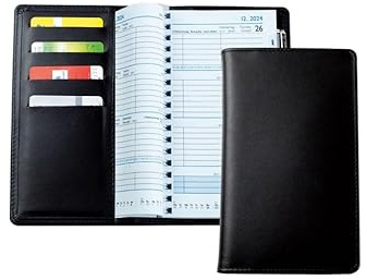 DELMON VARONE - Personalisierbarer Taschenkalender 2026 + 2027 Boxcalf Leder schwarz - Organizer Terminplaner (1 Woche auf 2 Seiten) Lederhülle - Kalender mit Wochenübersicht Spiralbindung Stifthalter