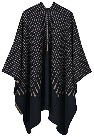UK_Stone Poncho Damen Cape Trachtentuch Umhang Stola Schultertuch aus Acrylic mit Quaste Muster Herbst und Winter, Schwarz
