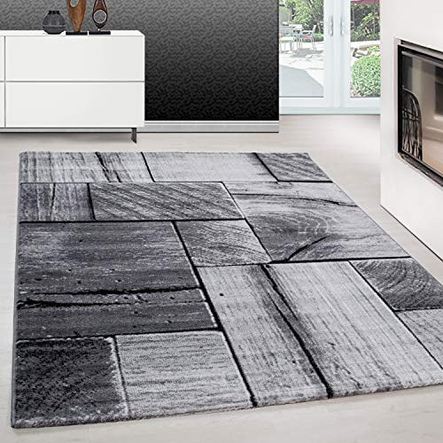 Teppium Moderner Kurzflor Teppich Wohnzimmer 160x230 cm Schwarz - Teppich Waschbar, 3D-Holzdesign, Pflegeleicht und Weich - Ideal für Schlafzimmer, Esszimer und als Küchenteppich