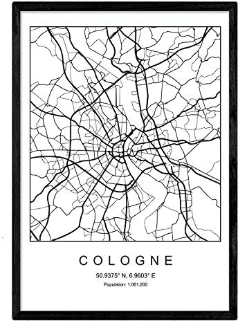 Nacnic Minimalistische Stadtplanen Poster. Geometrische Stil Wanddekoration Abbildung von Köln. Verschiedene Deutsche Stadtkarten, Plänen und Reisen Bilder ohne Rahmen. Größe A4.