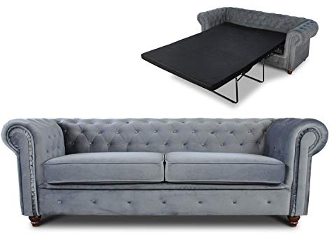 Schlafsofa Chesterfield Asti Bis 3-Sitzer, Sofa mit Schlaffunktion, Couch 3-er, Couchgarnitur, Sofagarnitur, Holzfüße, Polstersofa (Grau (Velvet 10))