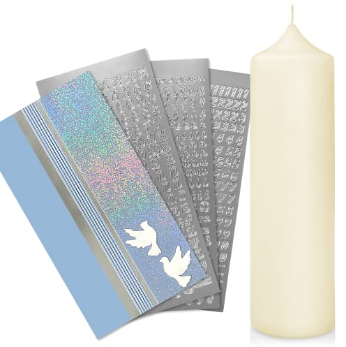 WIKAKERZEN Taufkerze selber Machen Set mit Kerzen-Rohling Buchstaben und Wachsplatten mit Wachsmotiven | Jetzt Größe und Farben Wählen (Kerze 25x7 cm | Creme, Blau mit Taube)