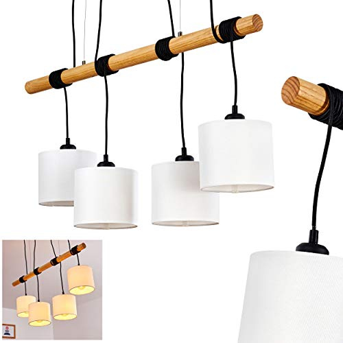 HOFSTEIN Pendelleuchte Sambia, Hängelampe aus Metall/Holz/Textil in Weiß/Natur/Schwarz, 4-flammig, E27, Höhe max. 200 cm, Hängeleuchte mit Holzbalken und Stoff-Schirmen, Esszimmer, Wohnzimmer, Küche