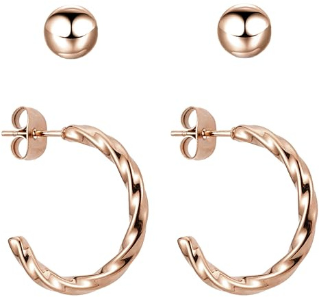 BONNYBIRD® Creoles Acier Inoxydable Or Rose Femme Petites Torsadé Plaqué Or Doré Lot Boucles d'Oreilles Femme Clous d'Oreilles Bijoux Hypoallergénique Chirurgical Sans Nickel Ete Mariage Boheme