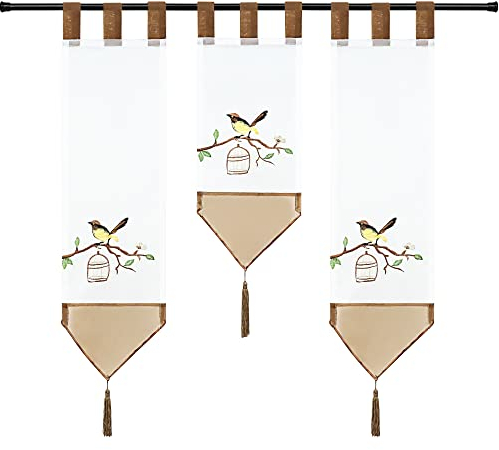 Joyswahl Voile Scheibengardine Miniflächenvorhänge mit Schlaufen Küchengardine mit Vogel Stickerei Muster 3er Set Kurzstore Bistrogardine Braun (20 cm breit, 1 x 50 cm Länge und 2 x 70 cm Länge)