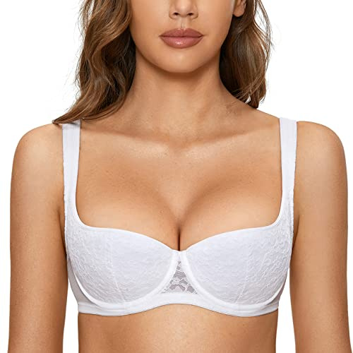 DOBREVA Women's Push Up Bra Sexy Balconette Bra Padded Half Cup Lace Underwired White (Cup Size is Small. Order 1 Cup Size up.) 34G