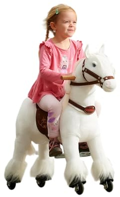 PONNIE Reitpferd mit Rollen Tiara S für Kinder 3-6 Jahre (30 kg) – Ohne Batterie – Mitwachsend dank höhenverstellbarer Steigbügel – Kämmbar mit abnehmbarem braun Sattel – Für drinnen & draußen – 87 cm