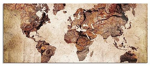 Pixxprint Glasbild Panorama, Wandbild aus Echtglas, Weltkarte auf altem Holz, 120x50 cm, inkl. Aufhängung und Abstandshalter