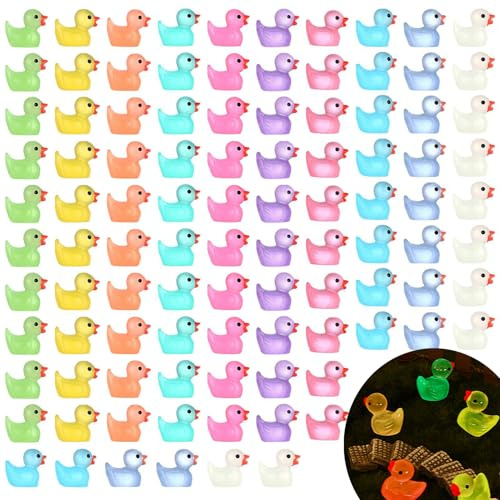 Fanshiontide 100 Mini Harz Enten Leuchtende Miniatur Harz Enten 10 Farben für Miniaturfiguren Aquarium GartenLandschaft Puppenhaus Ornament Basteln DIY-Zubehör Miniaturstatuen und Heimdekora