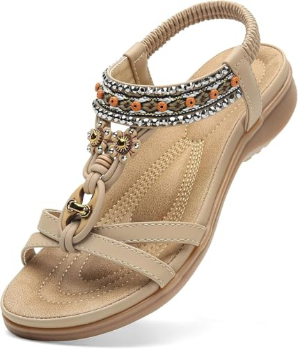 Littleplum Womens Sandals Arch Support Bohemian T-Strap Flower Rhinestone Sandals Women's Non Slip Summer Beach Flat Sandals Apricot Size 8
