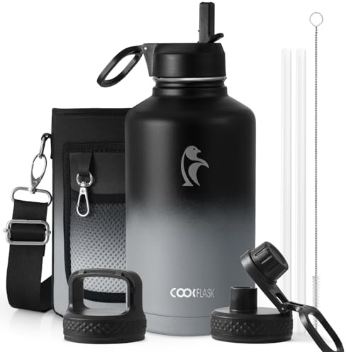 Coolflask Isolierte Wasserflasche 2L mit Strohhalm & 3 Deckeln, Isolierte Wasserflasche aus Edelstahl für Sport oder Büro, Doppelt auslaufsicher, Schwarz & Grau
