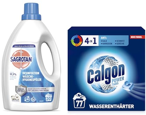 Calgon 4 in 1 Power Tabs - Wasserenthärter gegen Kalkablagerungen - 77 Tabs & Sagrotan Wäsche-Hygienespüler Frisch, Waschmittel-Zusatz - 1,5 L