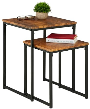 Relaxdays Beistelltisch 2er Set, stapelbar, Industrie Design, Satztisch 2 Größen, quadratisch, Metall, braun/schwarz