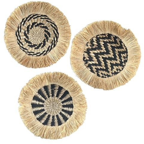 belupai Boho-Wandkorb-Dekor, 3er-Set, aus Stroh Gewebte Flache Körbe, Wandbehang, Dekor, Runde Boho-Quaste, Makramee-Anhänger, Seegras-Körbe für Wohnzimmer oder Schlafzimmer(Schwarz Grün)