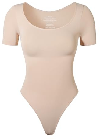 KSKshape kortärmad bodysuit för kvinnor magkontroll rund hals formkläder bodysuit t-shirt topp, BEIgE, XL