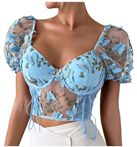 Élégant haut Twinset avec insert en dentelle pour femme, corset élégant, manches évasées, haut enveloppant court avec chemisier en dentelle pour la lingerie Oktoberfest, robe t-shirt, courte, bleu