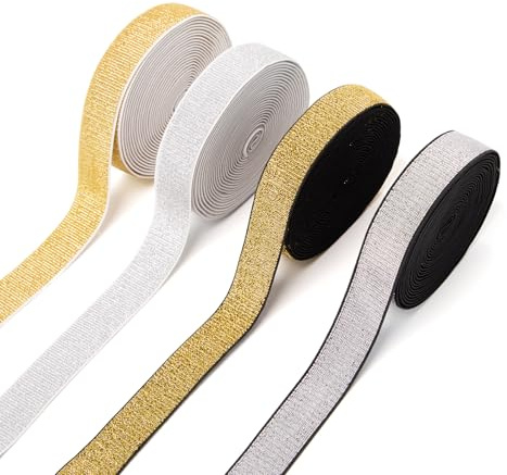 Sxutop 4 Rollos Banda Elástica Purpurina Cinta Elástica Costura 25 mm Banda Elástica Ancha para Costura Cinta Elástica Decorativa Banda Elástica para Pantalones Bandas de Cintura Ropa(Dorad, Plateado)