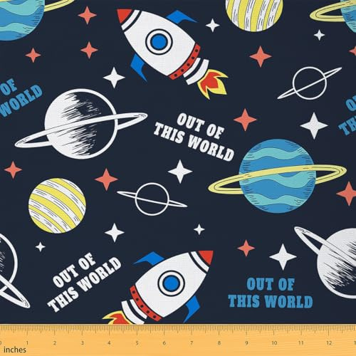 Loussiesd Rakete Stoff 92x150cm Weltraum Astronaut & Rakete Stoff Meterware Cartoon Rakete Patchwork Stoffe Planet Polsterstoff Galaxie Weltraumrakete Dekostoff Kinder Junge Stoffpaket Schwarz