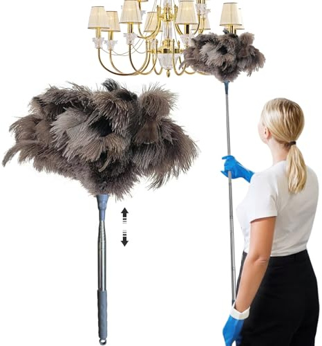 Plumeau en plumes d'autruche avec tige d'extension pour le nettoyage – Plumeau en plumes d'autruche naturelles et duveteuses avec poignée – Réutilisable, portable, 203,2 cm (gris)