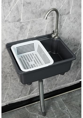 XRB2050 Lavello Parete Rettangolare, Vasca in Resina, Lavello da Bagno, Lavabo da Appoggio per Lavanderia Garage Bagno Guardaroba WC 43x32.5x13.5 cm Nero B Rubinetto dell'acqua Fredda Singolo