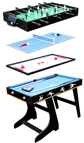 Izzy Multifunktionstisch Fußball 4-in-1, klappbar, mit Zubehör – Tischfußball, Billardtisch, Tischtennis, Speed-Hockey, Familienspiel, Geschicklichkeitsspiel für Kinder, Maße: 122 x 60 x 79 cm