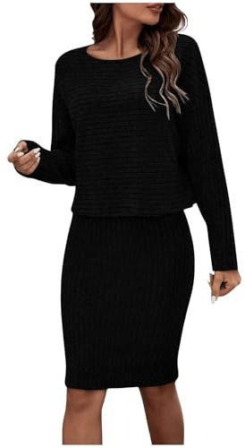 Stickad tvådelad vinterkjol för kvinnor och topp set elegant 2-delad höst stickad kjol med pullover fritidskostym set modern simma bottenkjol, Svart, M