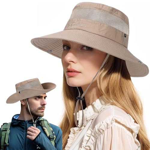Sonnenhut für Männer Frauen Sommer breite Krempe Mesh Safari Hut UV-Schutz Eimer Hüte Wasserdicht & Atmungsaktiv Angeln Boonie Hüte für Wandern (DE/NL/SE/PL, Alphanumerisch, Einheitsgröße, Khaki)