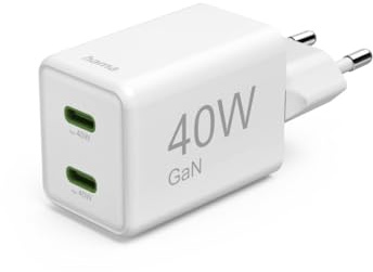 Hama Schnellladegerät, 40W (Ladegerät mit 2X USB C, unterstützt Power Delivery und Qualcomm Quick Charge, Zwei Geräte gleichzeitig Laden, superklein und kompakt, GaN Charger, akkuschonend) weiß