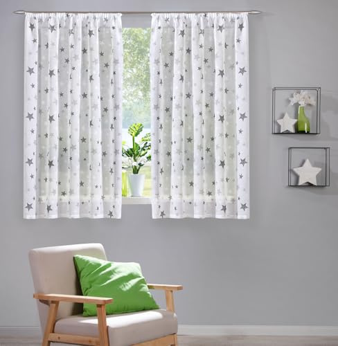 heimtexland ® Vorhang Leinen-Optik Kinderzimmer Deko Gardine Sterne halbtransparent durchscheinend Oeko-TEX Fensterdeko Seitenschal Typ897 Natur - Grau - mit Kräuselband HxB 175x135 cm 1 Stück