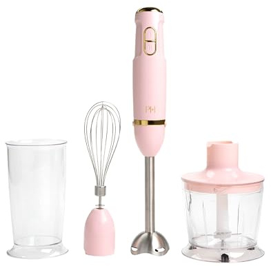 Paris Hilton Hand Blender Set, 3-in-1 Immersion Blender with Whisk, Blending & Chopper Attachments, 400W High Speed, Pink with Gold Accents – Smoothies, Soups, Sauces, Baby Food, Whipped Cream, Pink