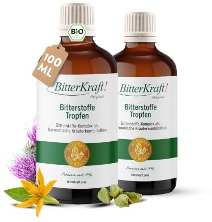 BitterKraft! Gotas de sustancias amargas orgánicas originales, 2 x 100 ml, según Hildegard von Bingen, 9 exquisitas hierbas amargas, digestivas, altas dosis, 100% natural, vegano, fabricado en