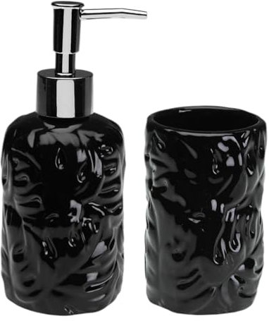 Set Dispenser Sapone e Bicchiere Porta Spazzolini – Design Moderno in Ceramica per Bagno Elegante – Ricaricabile, Disponibile in Nero o Bianco (Nero)