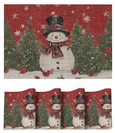 Artoid Mode Schneemann Kiefern Weihnachten PVC Platzsets 4er Set, 30x45cm Winter Tischsets Schmutzabweisend Hitzebeständig Platzdeckchen Küche Deko