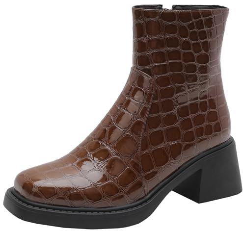 BULVJ Botines para mujer con tacón en bloque Cremallera lateral Botines Sencillo Liso, marrón, 36 EU