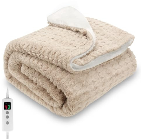 PROALLER Heated Blanket, Electric heated throw 160x130CM Beige, 10 Levels &1-9H Timer Auto-Off, Machine Washable, Soft Flannel Sherpa and Full Body Warming, Sofa Bed Office Use, warm blanket, electric