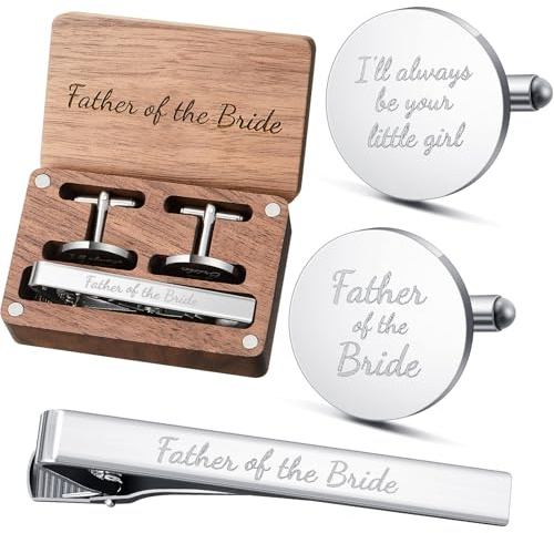 Colingmill Father of the Bride Gift Dad of the Bridegroom Cufflinks Tie Clip Set with Engraved Wood Gift Box for Dad(Father of the Bride, Always)