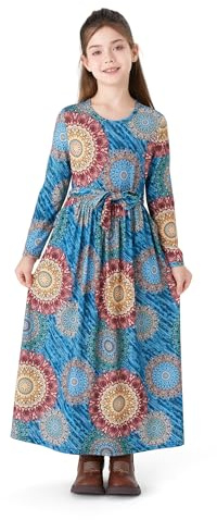 PATPAT Mädchenkleid Langarm: Maxi Prinzessin Kleid Mädchen Elegant Gemustertes Teenager Kleid Blumen & Ethno Stil Kinderkleid für Festliches, Geburtstag, Fotografieren, BlauGrün 8-9 Jahre Gr.128-134