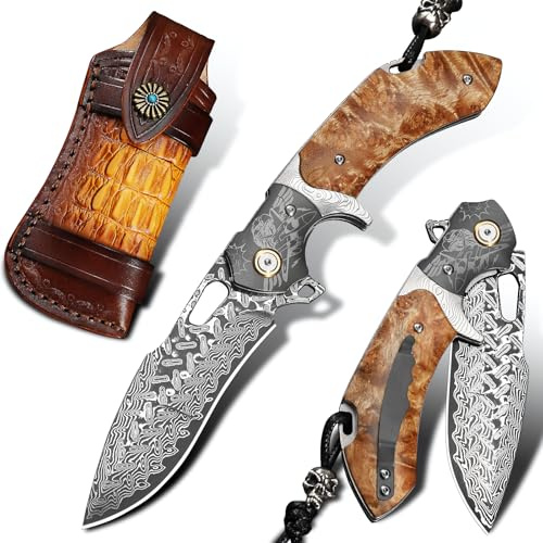 ALVELY Handgefertigtes Klappmesser aus Damaszenerstahl, EDC-Messer für Herren, komplett mit Lederscheide und Taschenclip. Taschenmesser für Outdoor-Camping, Wanderungen，Bergsteigen und Jagd