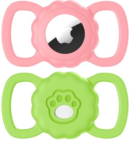 Maledan 2 Pack Collier Chien Airtag Compatible avec Apple AirTag, Le traqueur GPS avec localisation - Boîtier de Protection en Silicone avec Motif Patte pour Traqueur GPS, Rose+Vert Clair