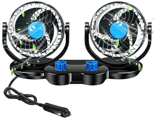 LYPPUL 12V Auto Ventilator, Doppelkopf-Autolüfter Kühlung, 360 ° Drehbarer Doppelköpfiger Ventilator Mit 2 Geschwindigkeiten Geeignet Mit Zigarettenanzünder Plug In Für 12 Volt Autos, LKW, SUV