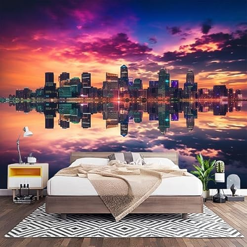 Mural Decorativo de TNT XXL 350x256 cm, Vista Nocturna de Una Ciudad Bulliciosa Papel Pintado Decoración, Horizonte de La Ciudad Revestimiento de Pared Fotomural para Oficina y Comedor 200x140 cm