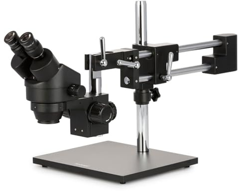 AmScope 3.5X-45X Binocular Stereo Zoom Microscope with Black Double Arm Boom Stand | 3.5X-45X Magnification Range 76mm Stereo Microscope Holder Ring 360° Multi-Axis Head Rotation Powder-Coat Black Finish