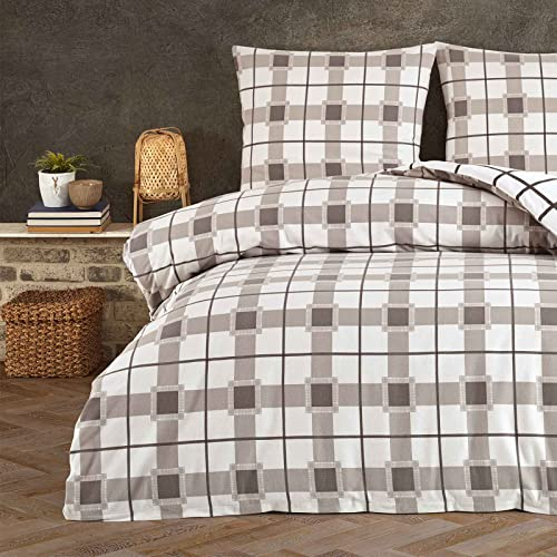 Style Heim Biber Bettwäsche 200x220 cm Flauschige Winterbettwäsche 3 Teilig 100% Baumwolle mit Reißverschluss Bettwäsche-Set Kissenbezüge 80x80cm, Wendebettwäsche Kariert Gestreift, Grau Weiß